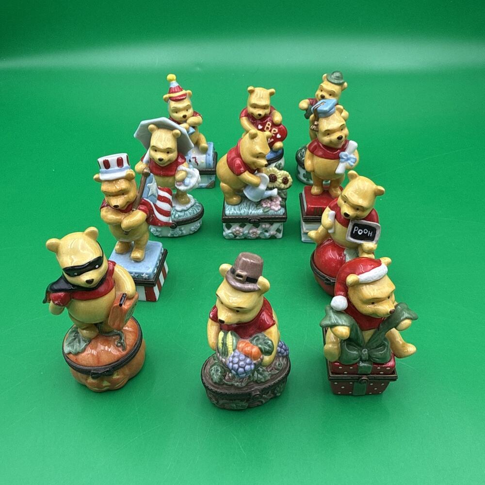 Disney Winnie the Pooh Trinket Box Figurine Lot 11pc Holiday Seasonal Collection
